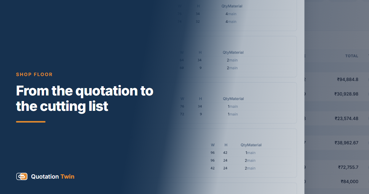The cutting list generated from a quotation, with sheet pieces and a sheet count